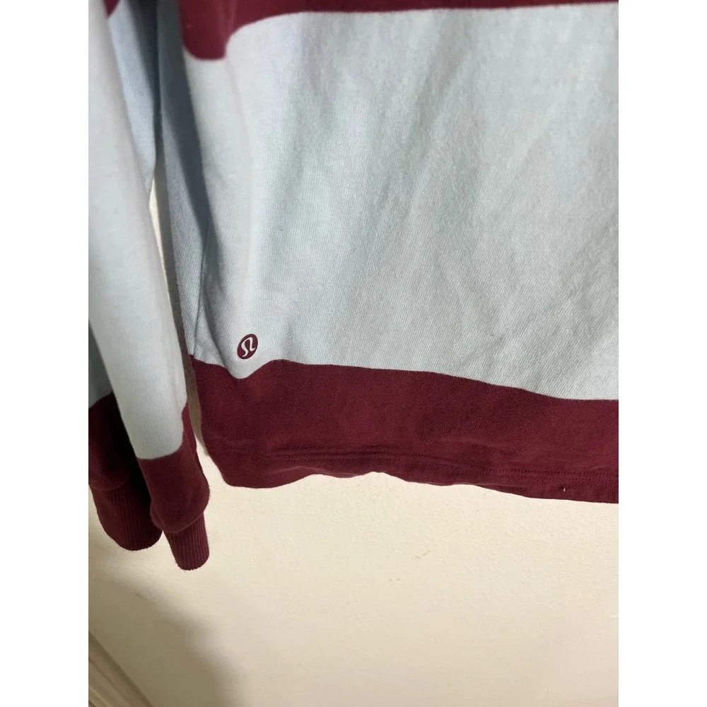 LULULEMON Long Sleeve Cotton Rugby Shirt in Wide Stripe Burgundy Bay Foam Cloud